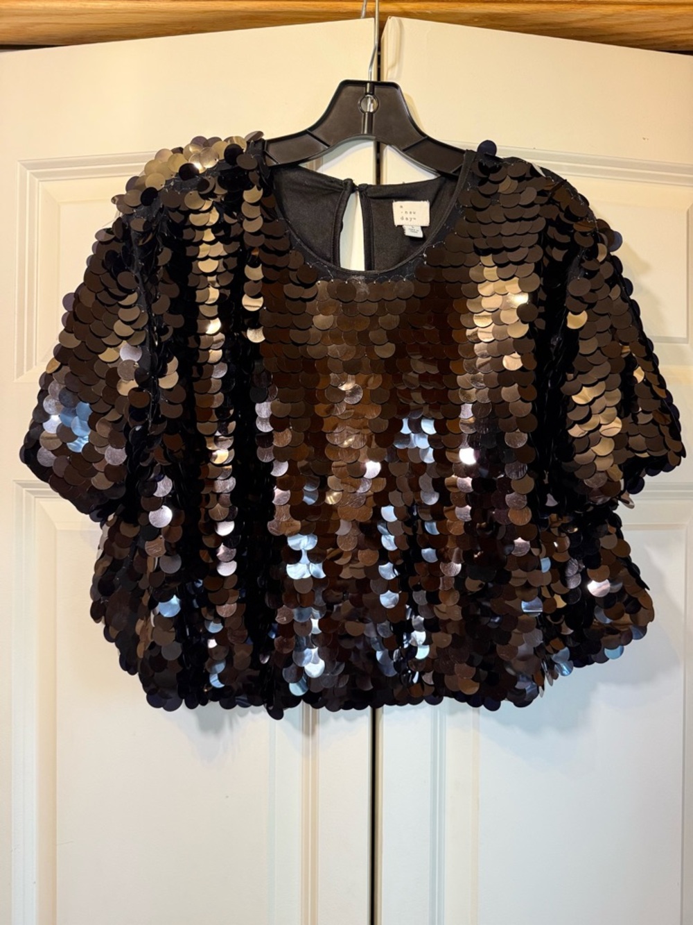 Black Sequin Short Sleeve Crop Top - a new day